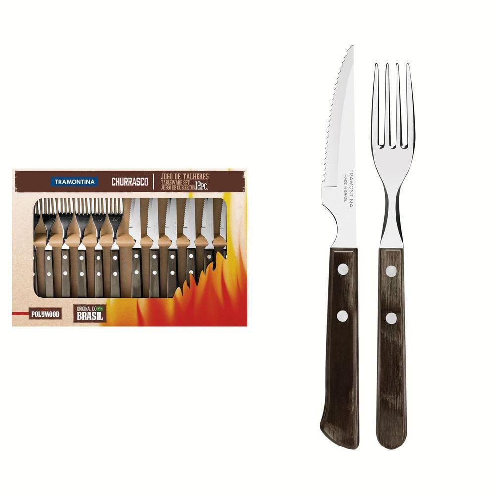 Jogo de Talheres para Churrasco Tramontina em Aço Inox com Cabo Castanho Polywood 12 Peças Tramontina