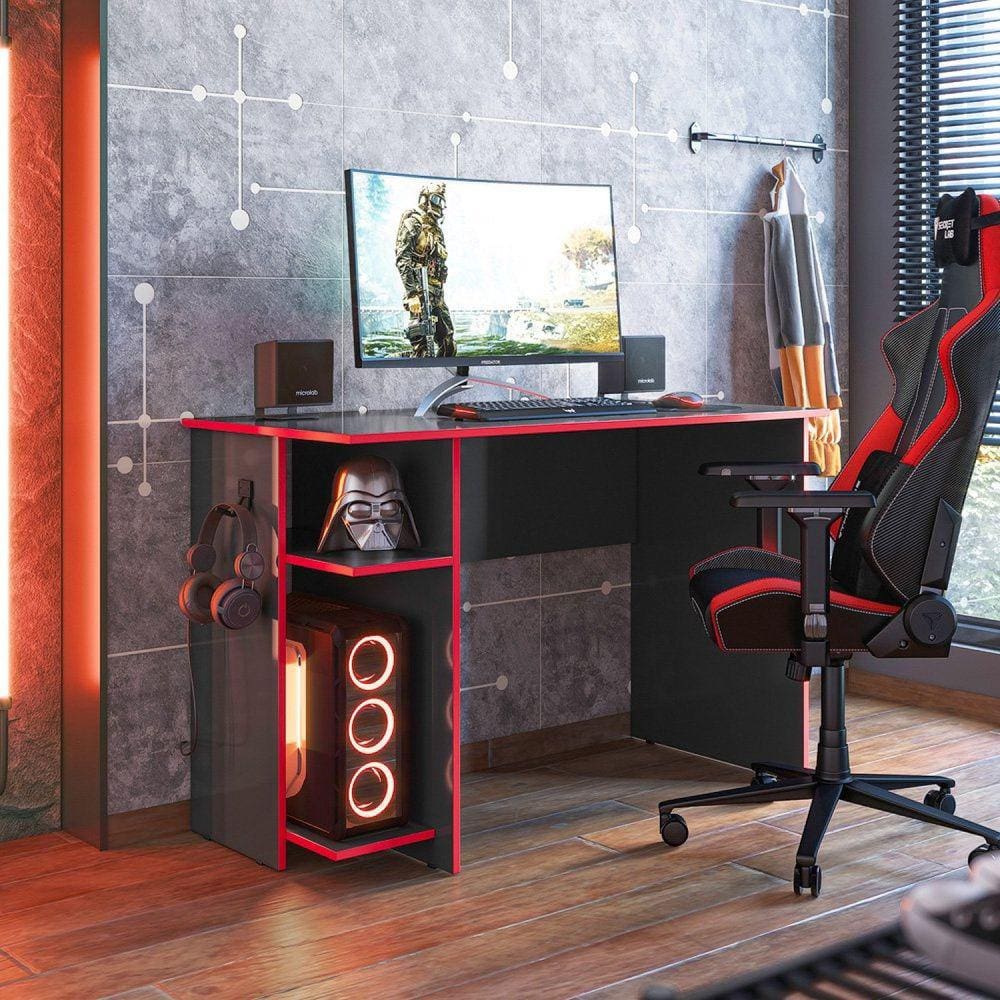 Mesa para Escritório e Gamer Qmovi Preto Fosco/Vermelho