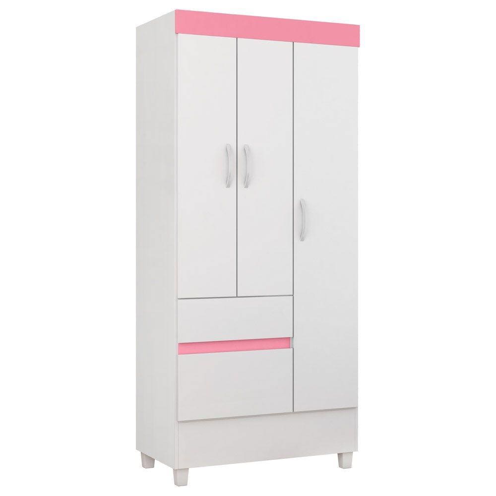 Guarda Roupa Flex 3 Portas 2 Gavetas D02 Branco/Rosa/Branco - Mpozenato