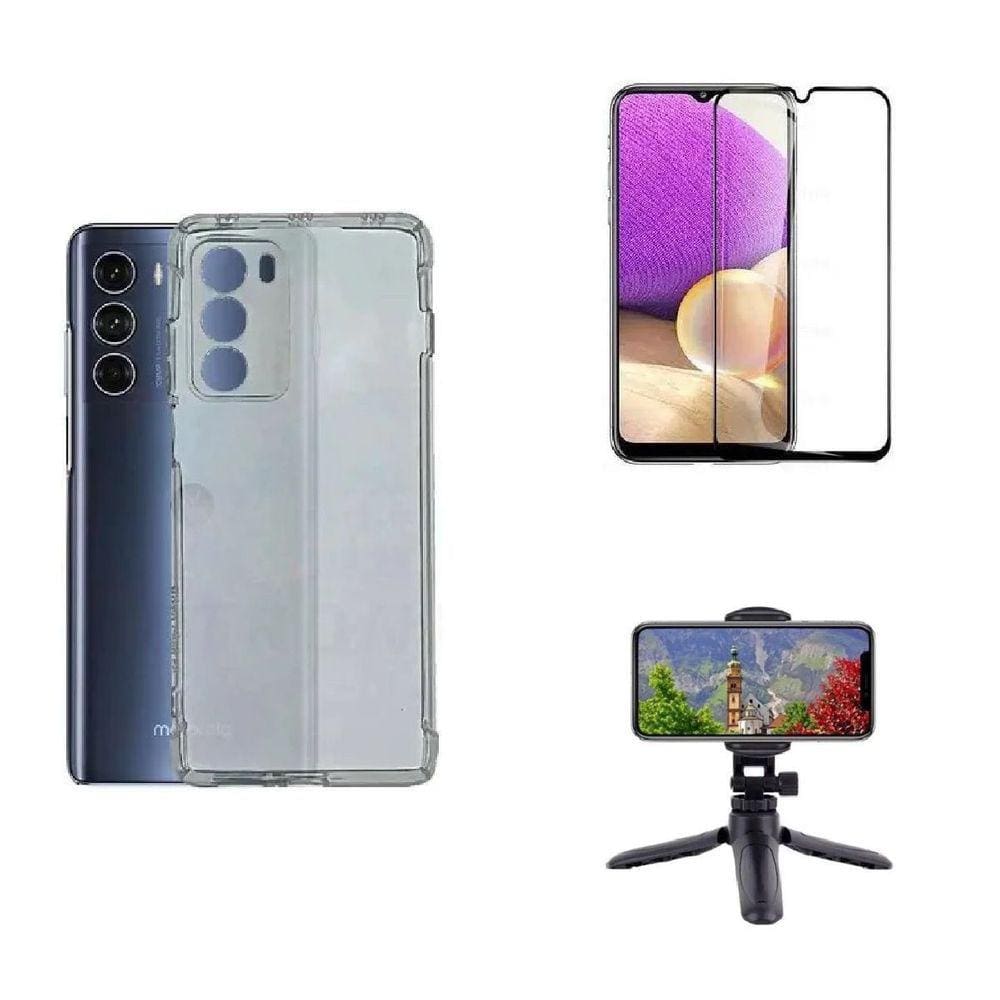 Kit Tripé Tripod 360 graus para Motorola Moto G200 + Capa + Pelicula De Vidro