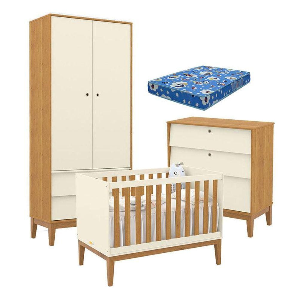Quarto de Bebe Unique 2 Portas com Cômoda Gaveteiro Off White Freijó Eco Wood e Colchão Ortobom - Matic