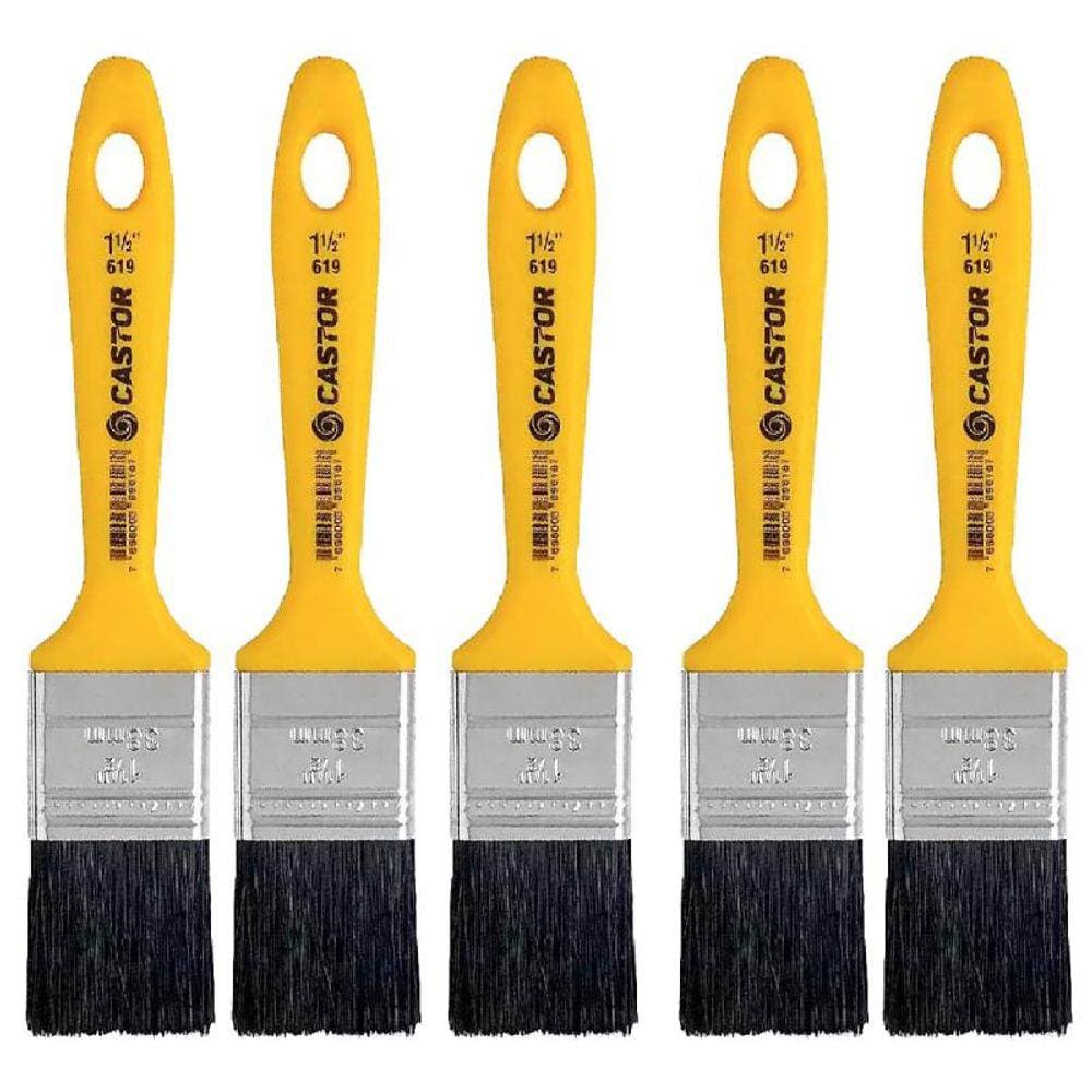 Pincel Trincha 1.1/2 Pol Amarelo Cerdas Pretas Kit 5 Unidades CASTOR