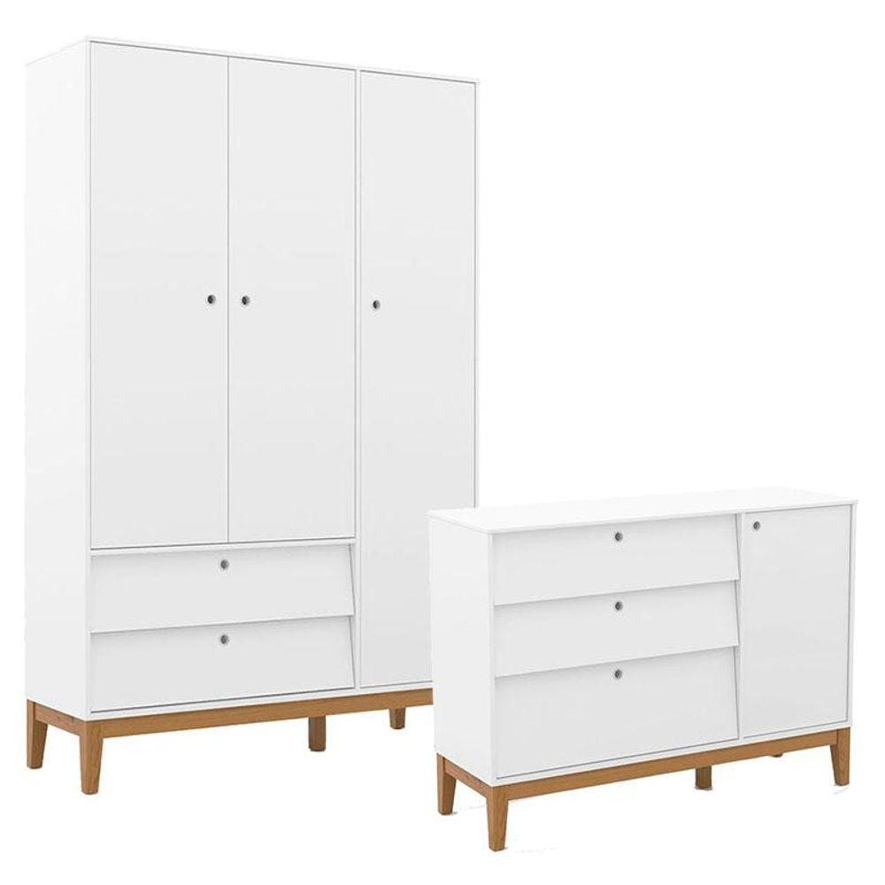 Cômoda Sapateira e Guarda Roupa Unique 3 Portas Branco Soft Eco Wood - Matic