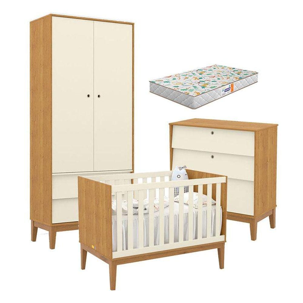 Quarto de Bebe Unique 2 Portas com Cômoda Gaveteiro Freijó Off White Eco Wood e Colchão Gazin - Matic