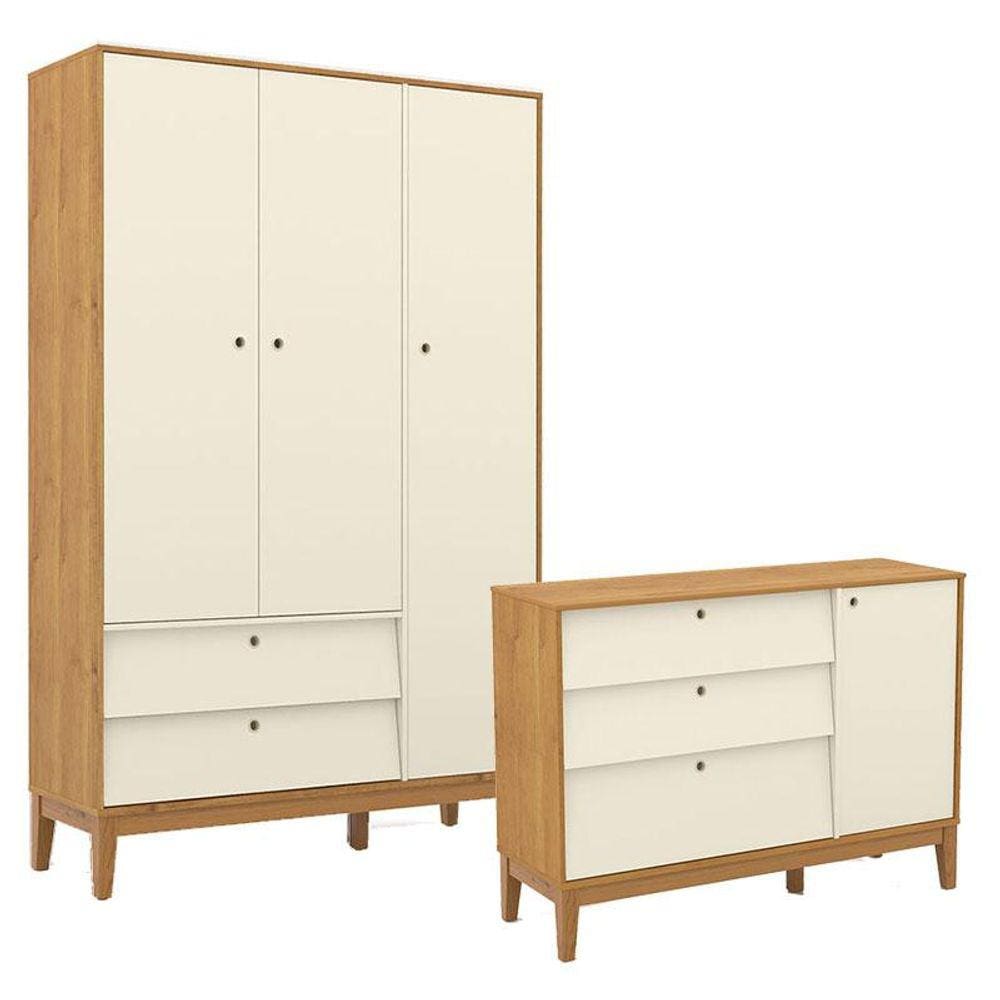 Cômoda Sapateira e Guarda Roupa Unique 3 Portas Freijó Off White Eco Wood - Matic