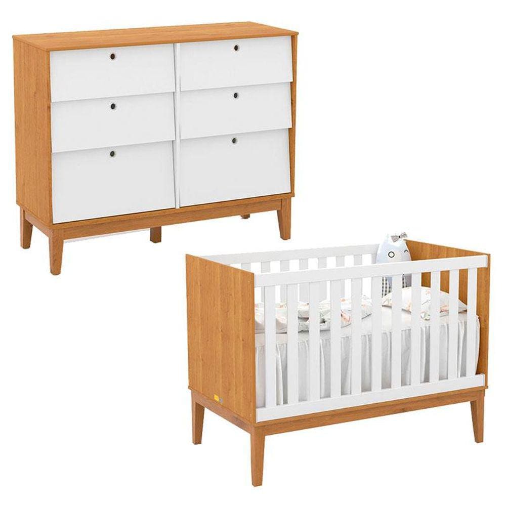 Berço Americano e Cômoda 6 Gavetas Unique Freijó Branco Soft Eco Wood - Matic