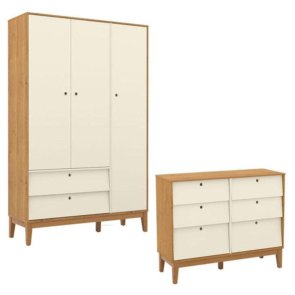 Cômoda 6 Gavetas e Guarda Roupa Unique 3 Portas Freijó Off White Eco Wood - Matic