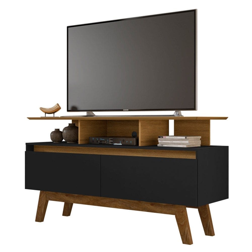 Rack Bancada Para TV Até 50 Pol. 2 Portas Rubi 1.2 Cinamomo/Preto Fosco - Bechara