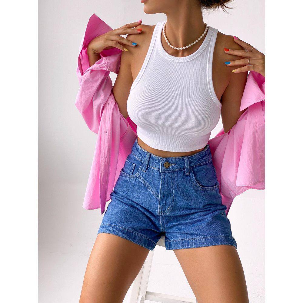 Top Cropped Básico Liso Fechado Clássico - Branco, Preto