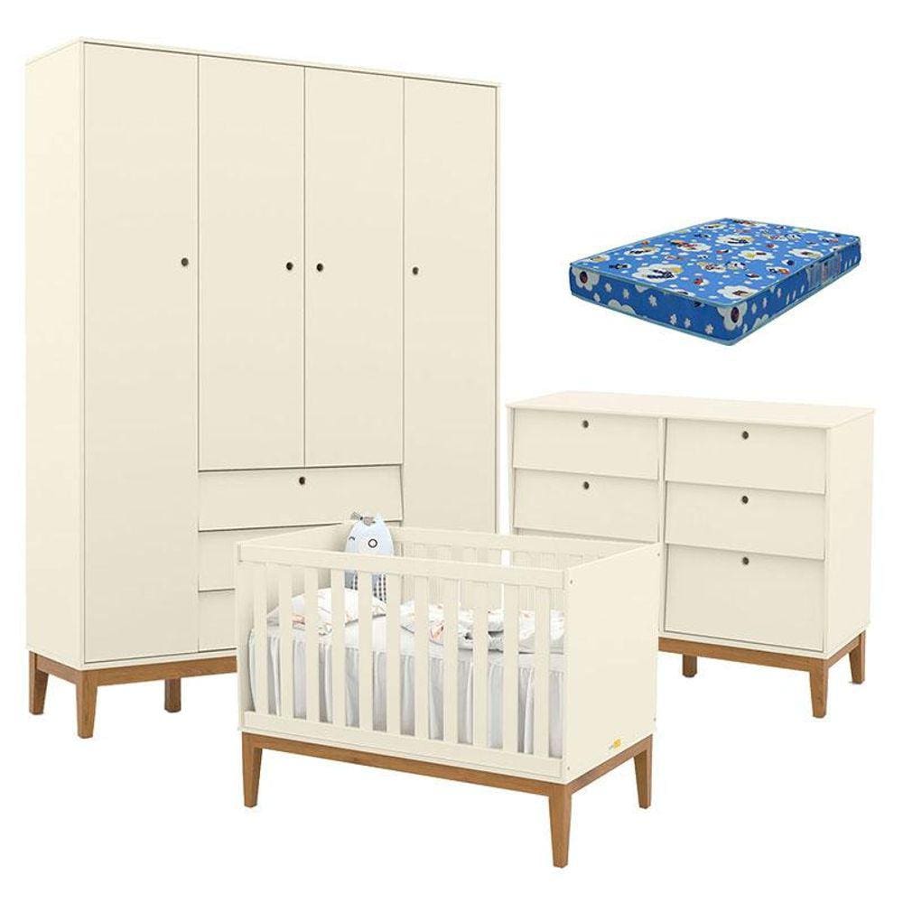 Quarto de Bebe Unique 4 Portas com Cômoda 6 Gavetas Off White Eco Wood e Colchão Ortobom - Matic