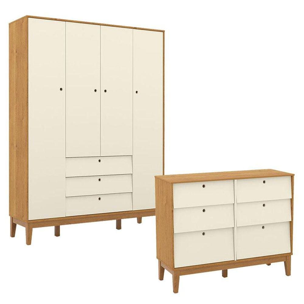 Cômoda 6 Gavetas e Guarda Roupa Unique 4 Portas Freijó Off White Eco Wood - Matic