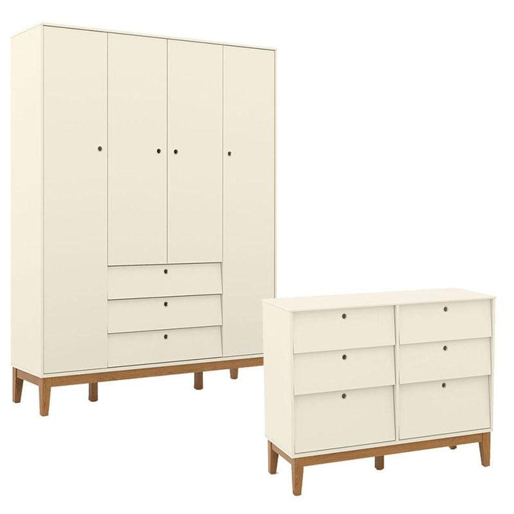 Cômoda 6 Gavetas e Guarda Roupa Unique 4 Portas Off White Eco Wood - Matic