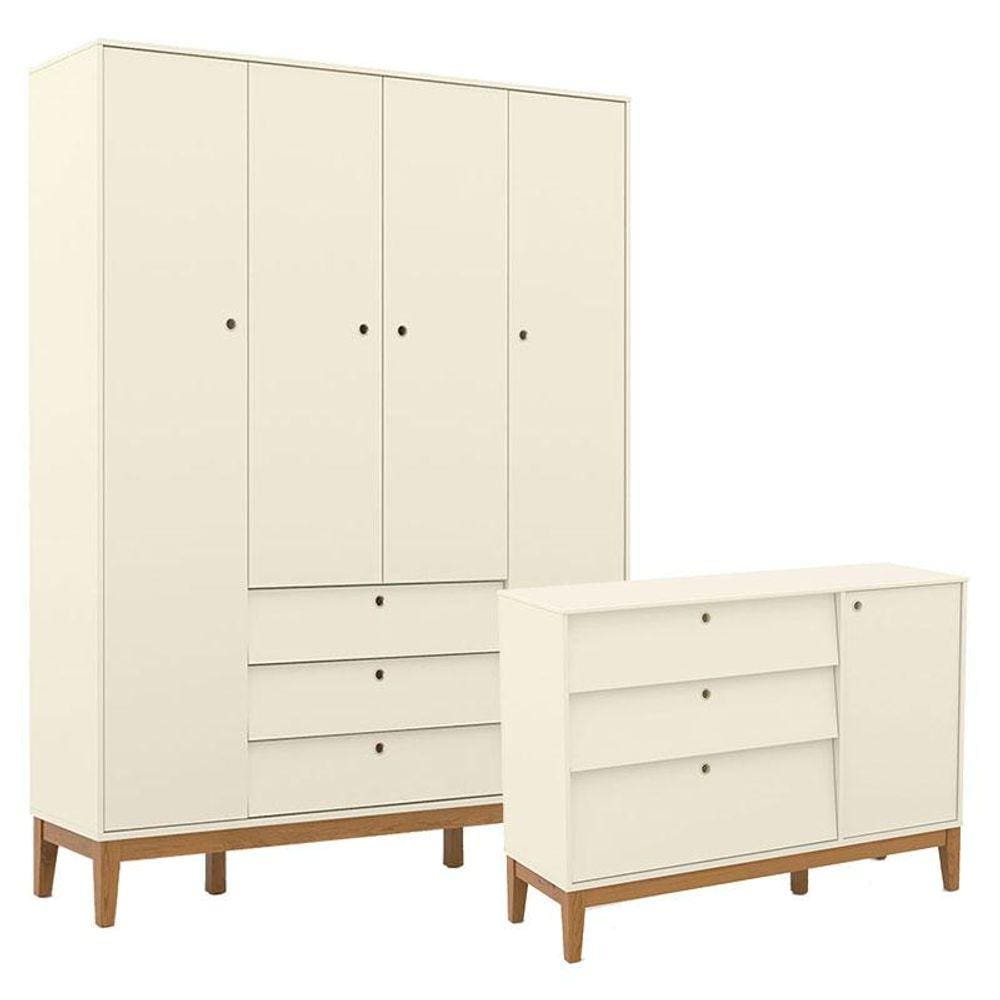 Cômoda Sapateira e Guarda Roupa Unique 4 Portas Off White Eco Wood - Matic