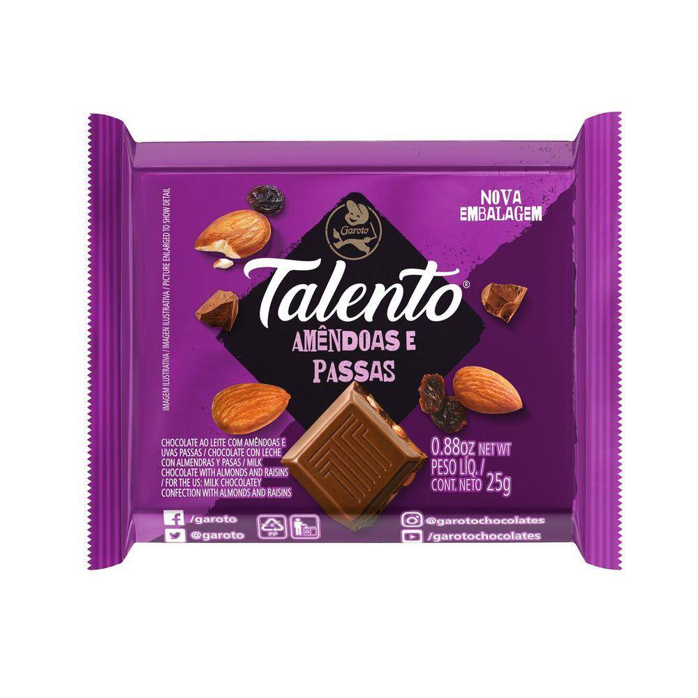 Chocolate Talento ao Leite com Amêndoas e Passas 25g