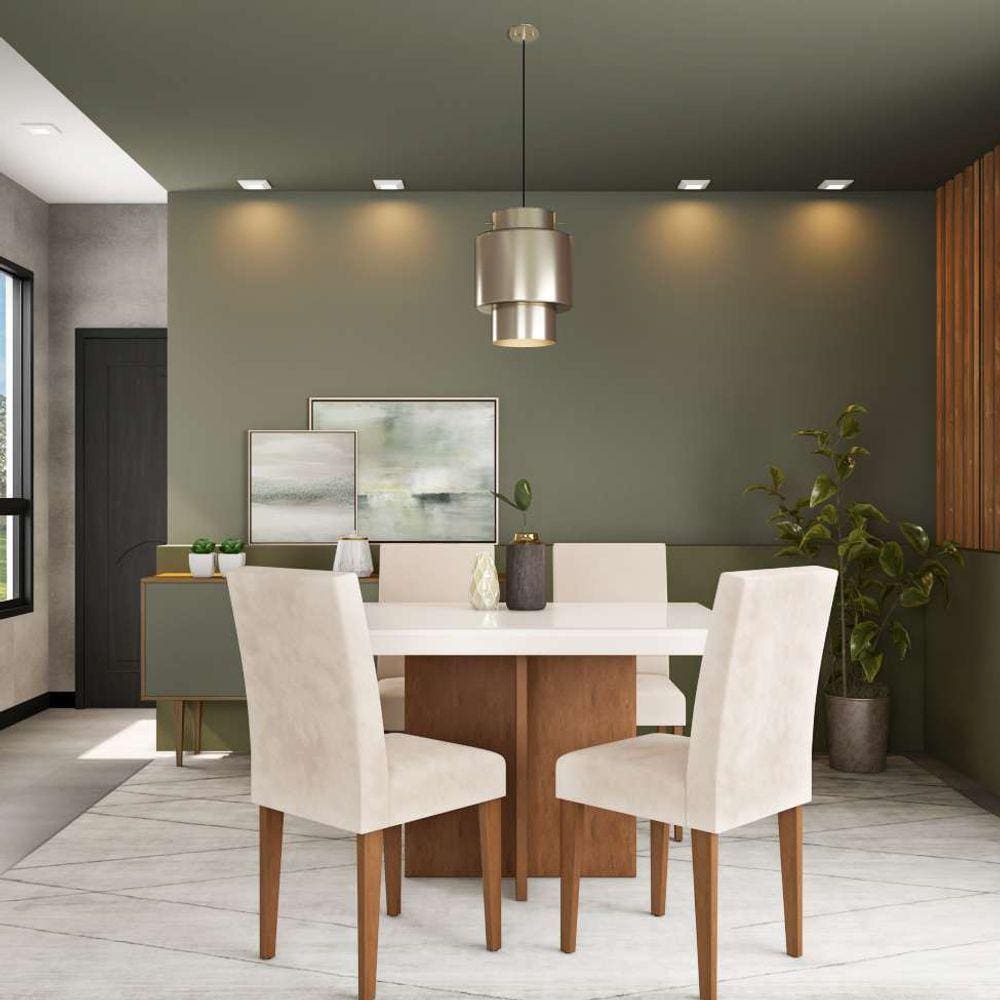 Conjunto de mesa de jantar munique ii com tampo de vidro off white e 4 cadeiras grécia veludo creme