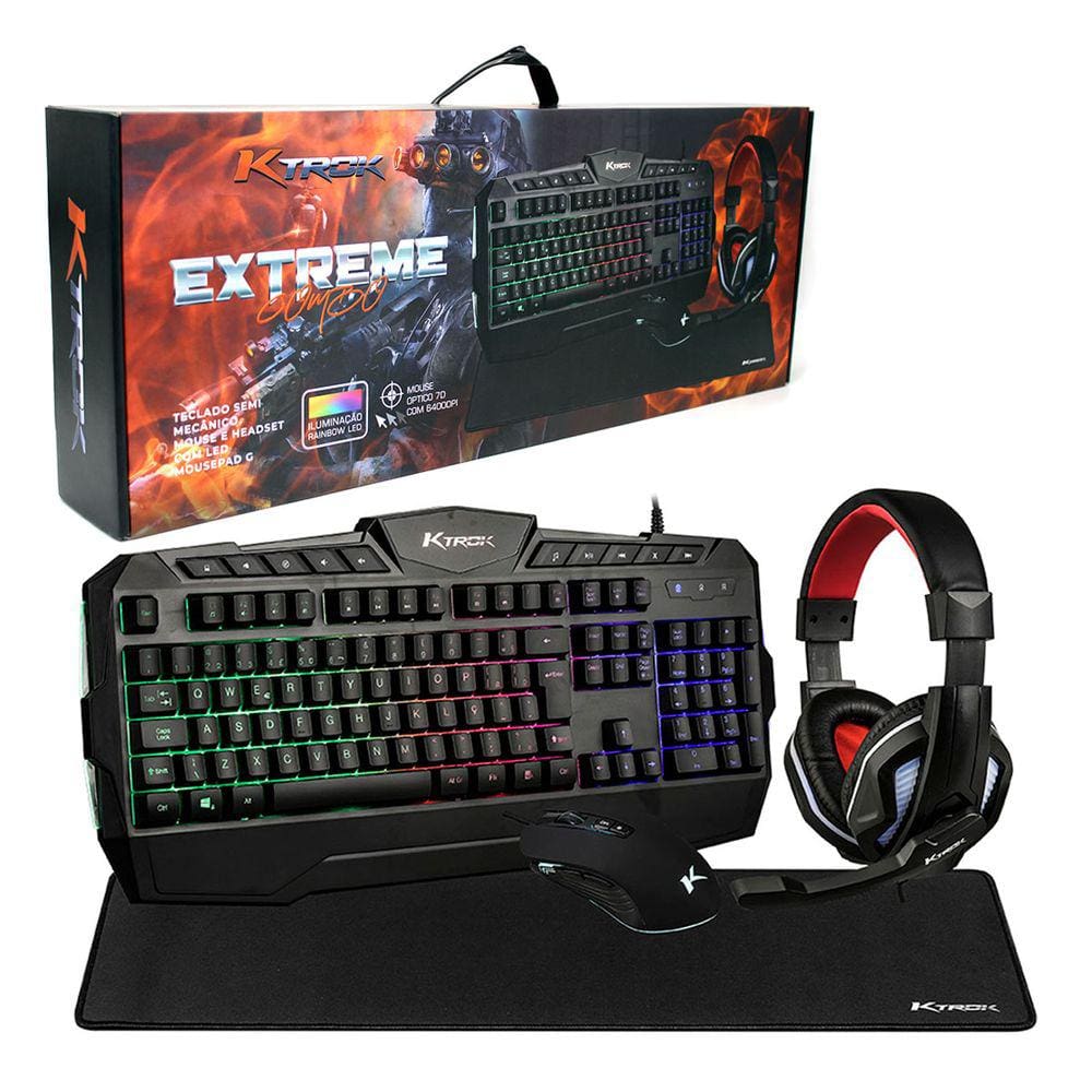 Kit Gamer 4 em 1 Ktrok Extreme, Teclado Semi Mecânico, Headset, Mouse 6400 DPI, Mousepad Preto