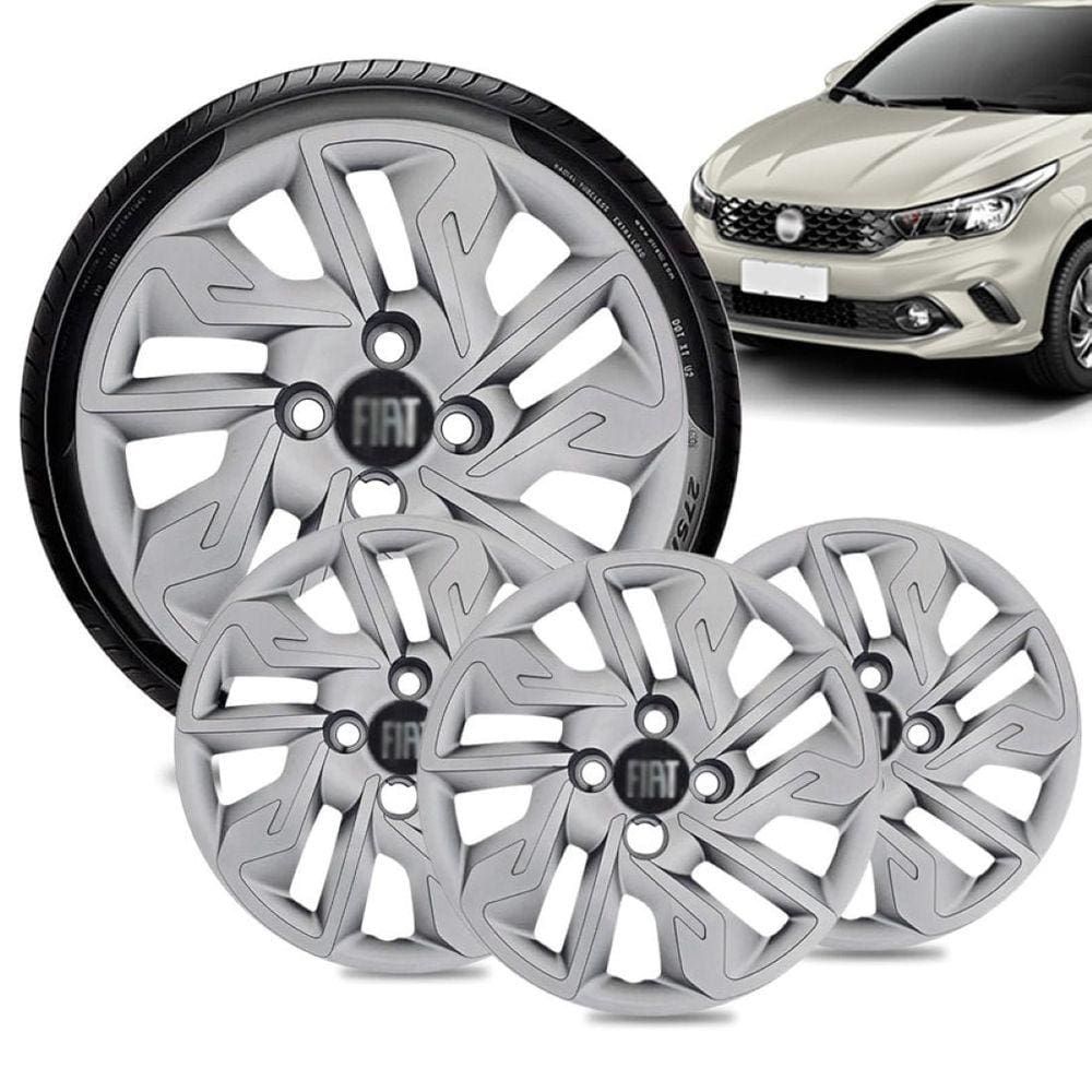 Jogo 4 Calota Fiat Argo Aro 14 Prata Emblema Preto
