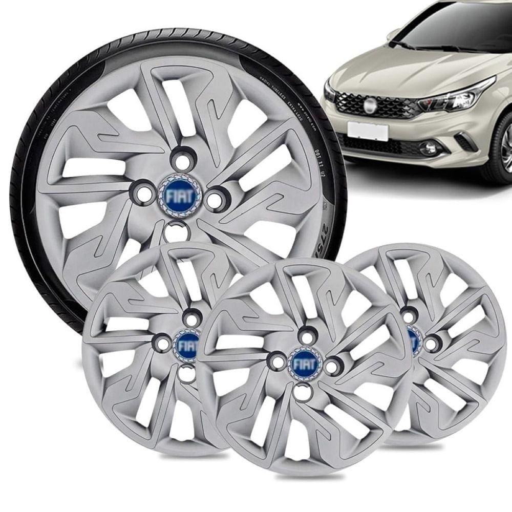 Jogo 4 Calota Fiat Argo Aro 14 Prata Emblema Azul