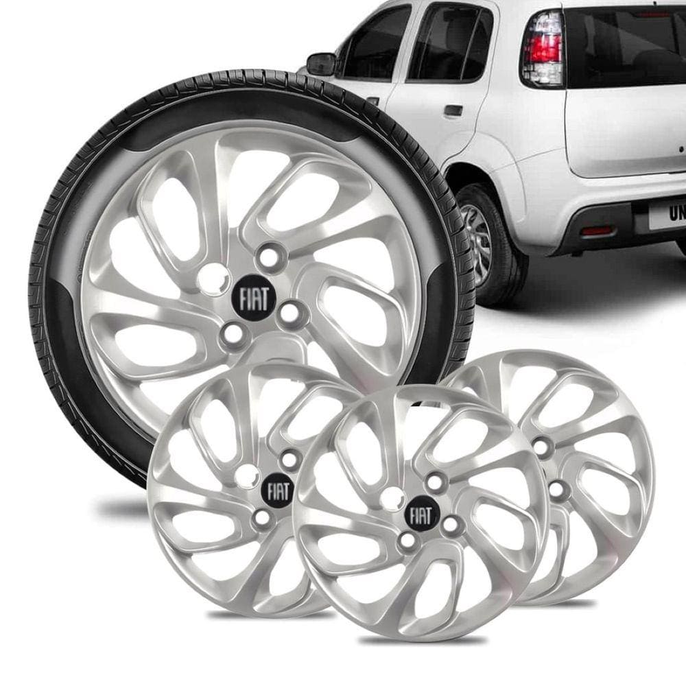 Jogo 4 Calota Fiat Uno Attractive Aro 14 Prata Emblema Preto