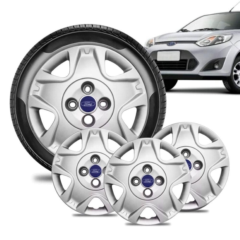 Jogo 4 Calota Ford Fiesta Aro 14 Prata Emblema Azul