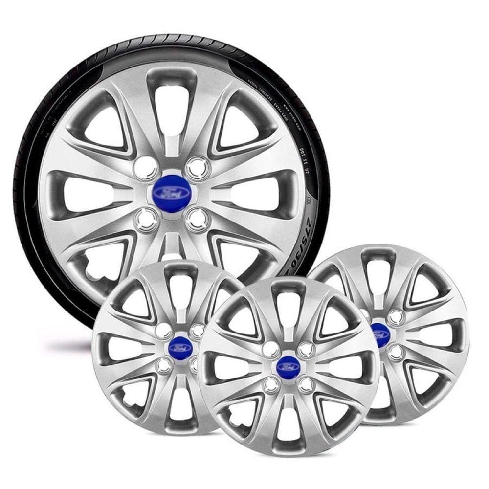 Jogo 4 Calota Carros Ford Todos Aro 14 Prata Emb Azul