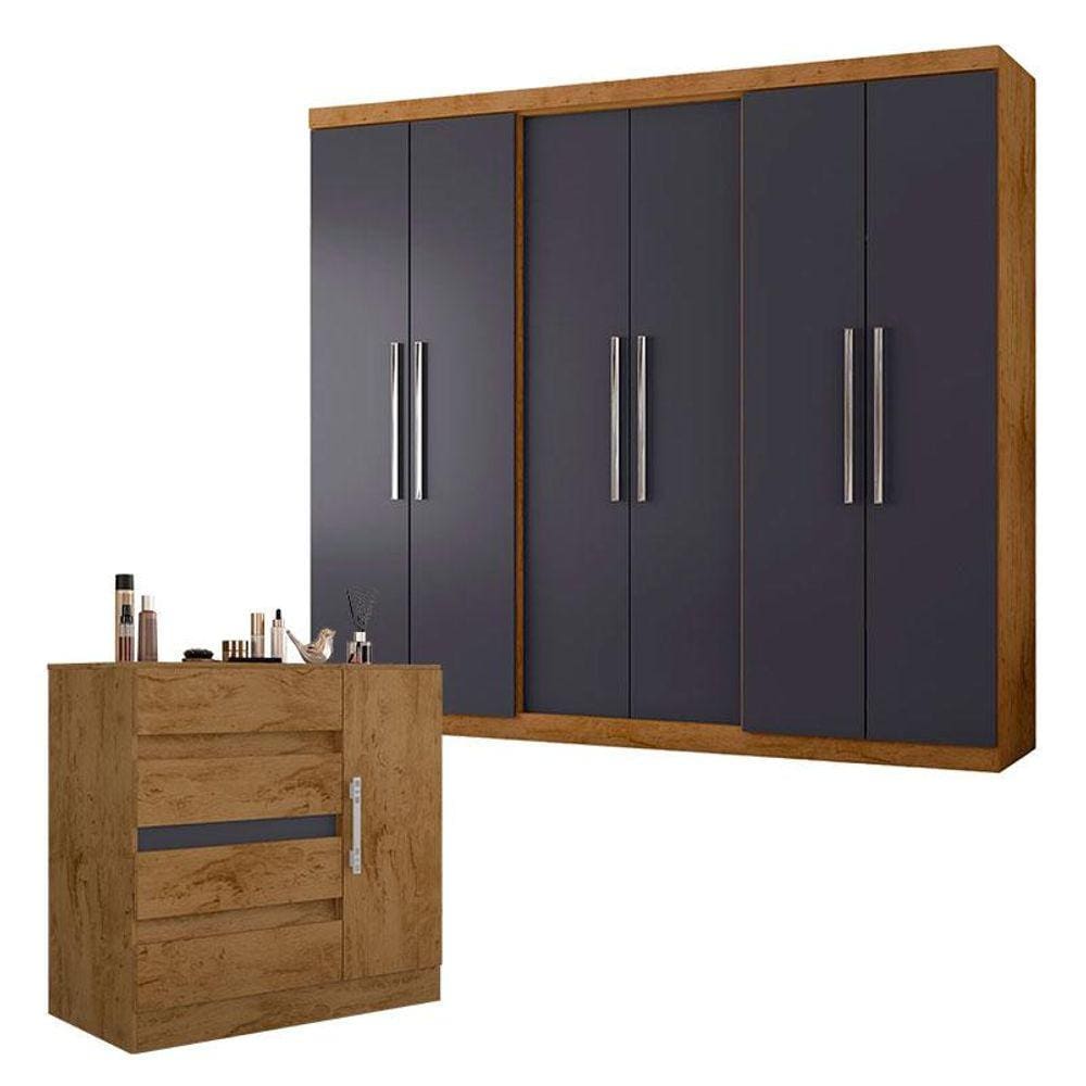 Guarda Roupa Casal 6000 e Cômoda 8000 Freijó Carbono - Araplac