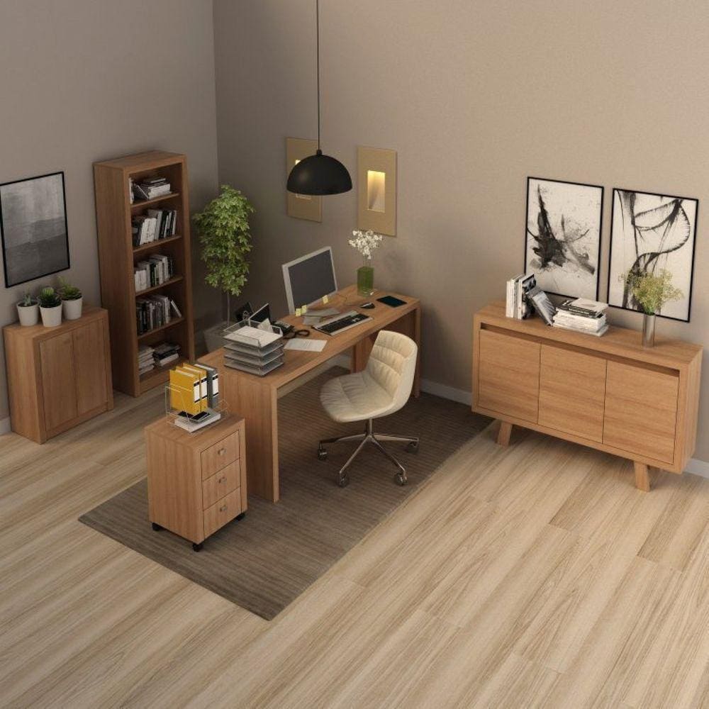 Conjunto Home Office Mesa, Gaveteiro, Estante, Balcão 2 Portas e Balcão 3 Portas Espresso Móveis Amendoa