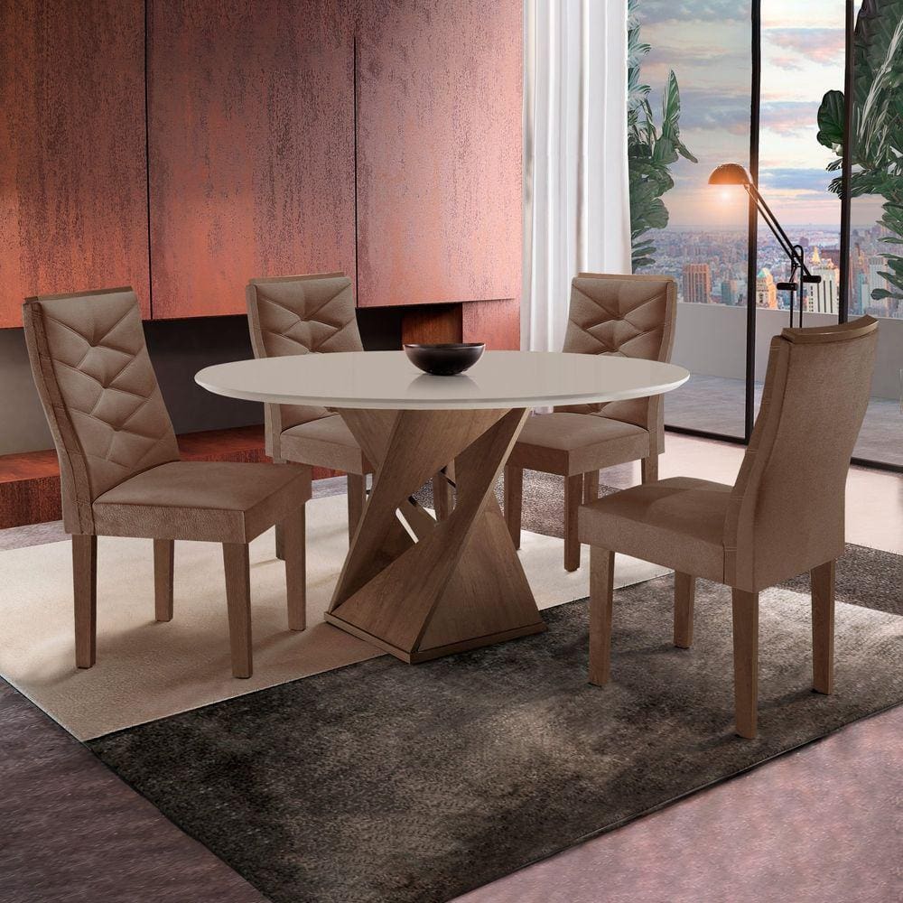 Conjunto Sala de Jantar Mesa Tampo Redondo Plus 100x100cm com 4 Cadeiras Barcelona Yescasa Chocolate/Off White/Suede Animale