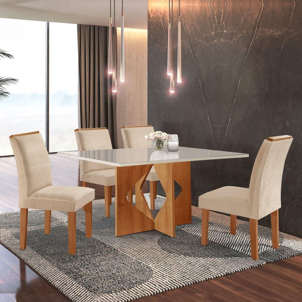 Conjunto Sala de Jantar Mesa Laura Tampo Dakota Plus Vidro 120x80cm com 4 Cadeiras Laura Cel Móveis Cinamomo/Off White/Suede Pena