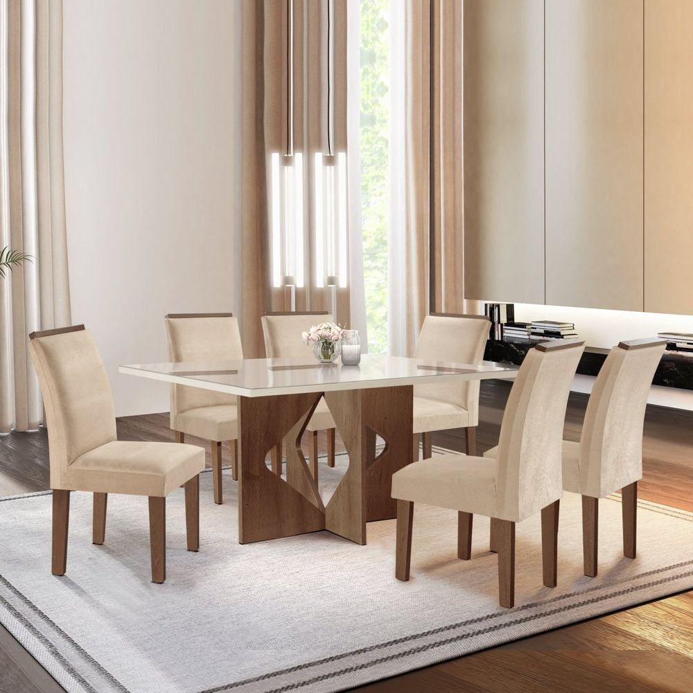 Conjunto Sala de Jantar Mesa Tampo Dakota Plus Vidro 160X80cm com 6 Cadeiras Laura Cel Móveis Chocolate/Off White/Suede Pena