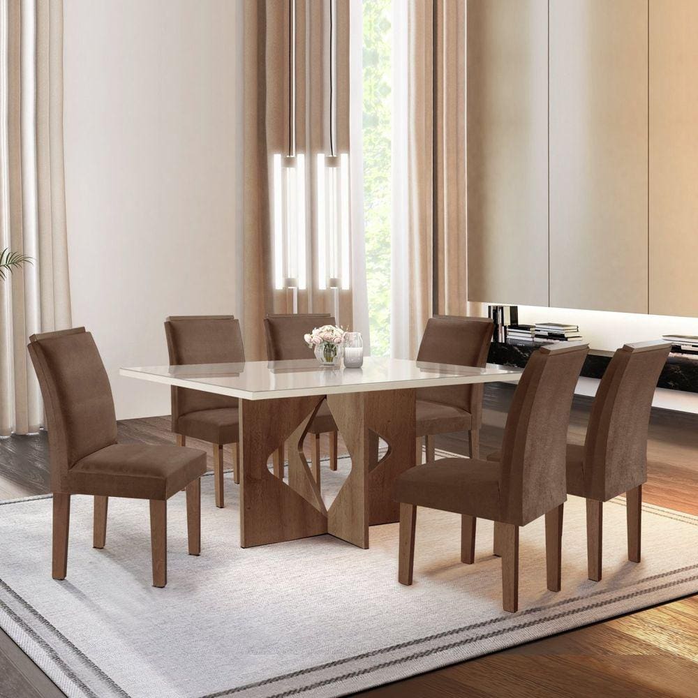 Conjunto Sala de Jantar Mesa Tampo Dakota Plus Vidro 160X80cm com 6 Cadeiras Laura Cel Móveis Chocolate/Off White/Suede Animale
