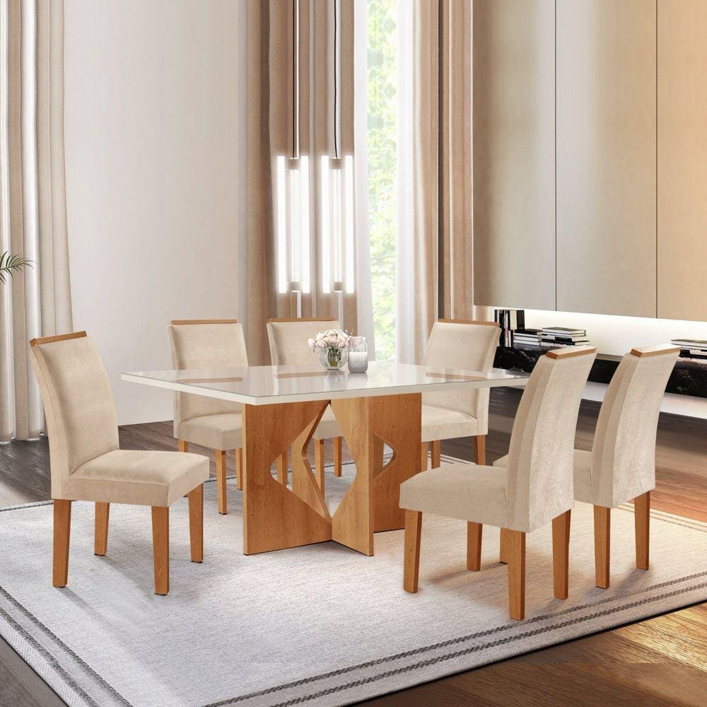 Conjunto Sala de Jantar Mesa Tampo Dakota Plus Vidro 160x80cm com 6 Cadeiras Laura Cel Móveis Cinamomo/Off White/Suede Pena