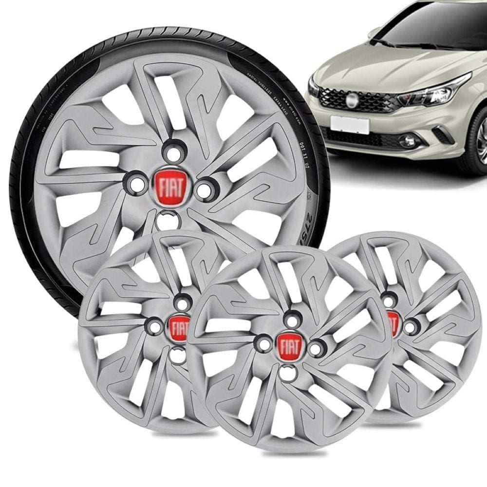 Jogo 4 Calota Fiat Argo Aro 14 Prata Emblema Vermelho