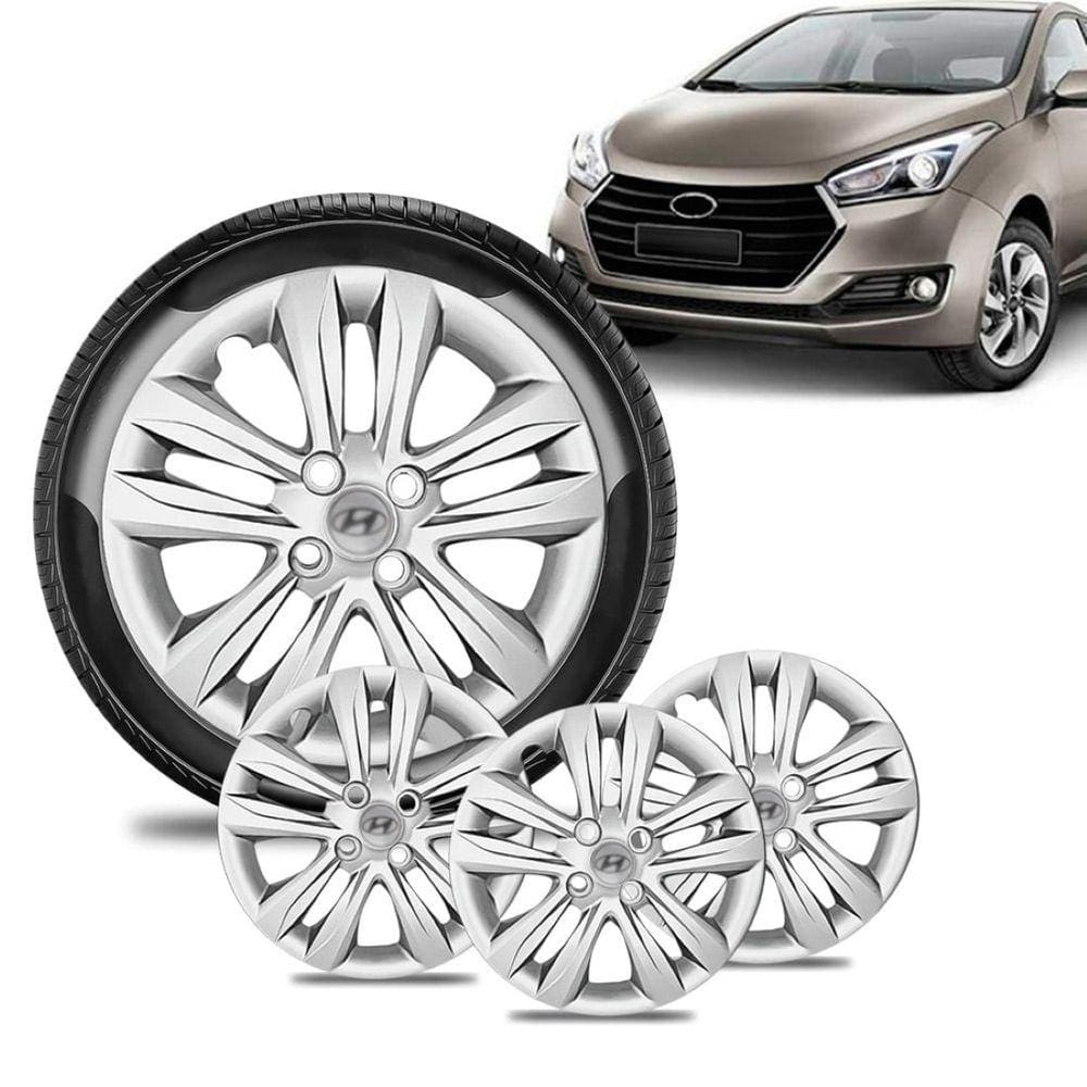 Jogo 4 Calota Hyundai HB20 Aro 14 Prata Emblema Prata