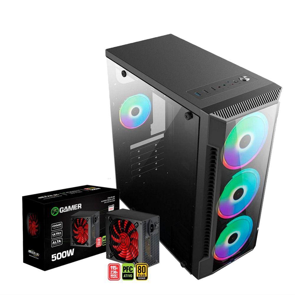 Gabinete C3147 Gamer + Fonte 500w 80 Plus - Brazilpc- C/ Lateral de Vidro