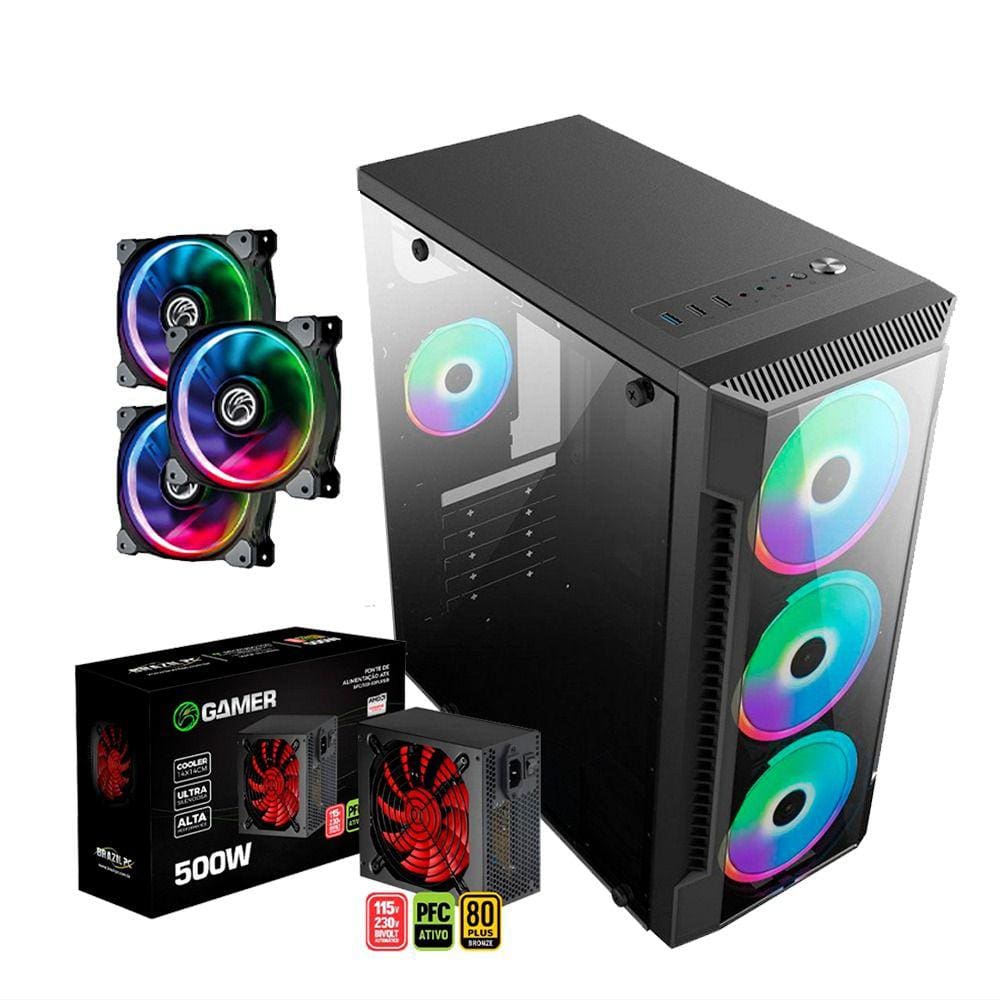Kit Gabinete C3147 Gamer + Fonte 500w 80 Plus + Kit 3 Cooler Gamer - Brazilpc- C/ Lateral de Vidro