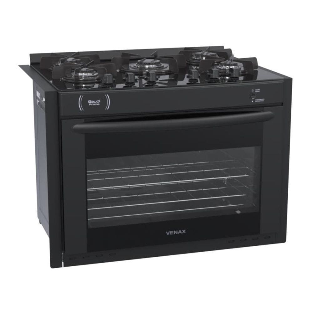 Fogão 5 Bocas de Embutir Venax Gaudi Prisma Vitreo Bl Preto Mesa em Vidro - Bivolt