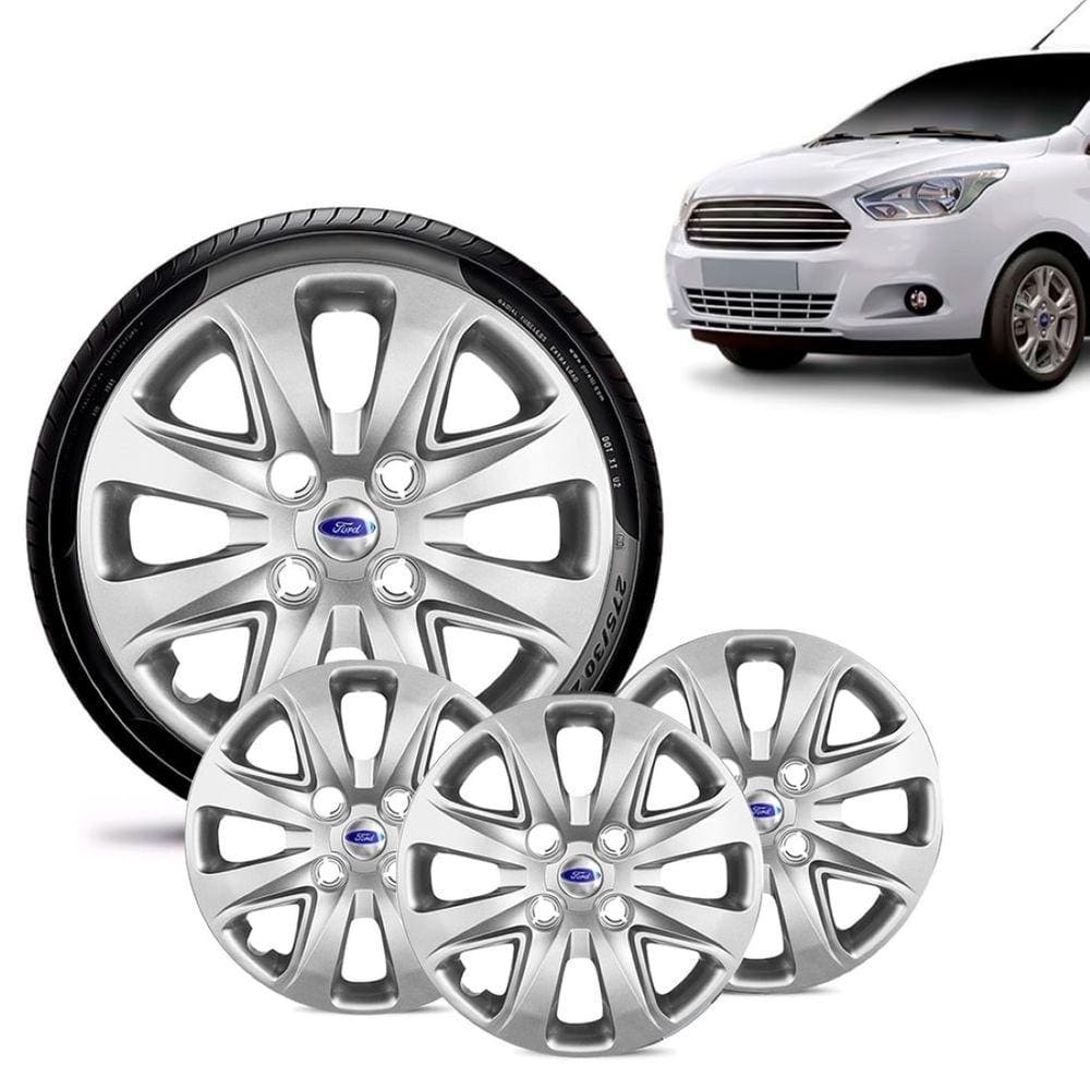 Jogo 4 Calota Ford Ka + 2015 16 17 18 Aro 14 Prata Emblema Prata