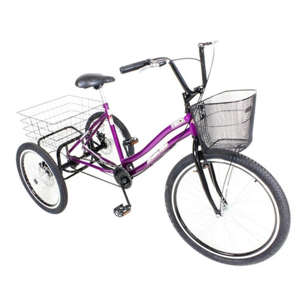 Triciclo Bicicleta 3 Rodas Aro 26 Roxo- Freio a disco