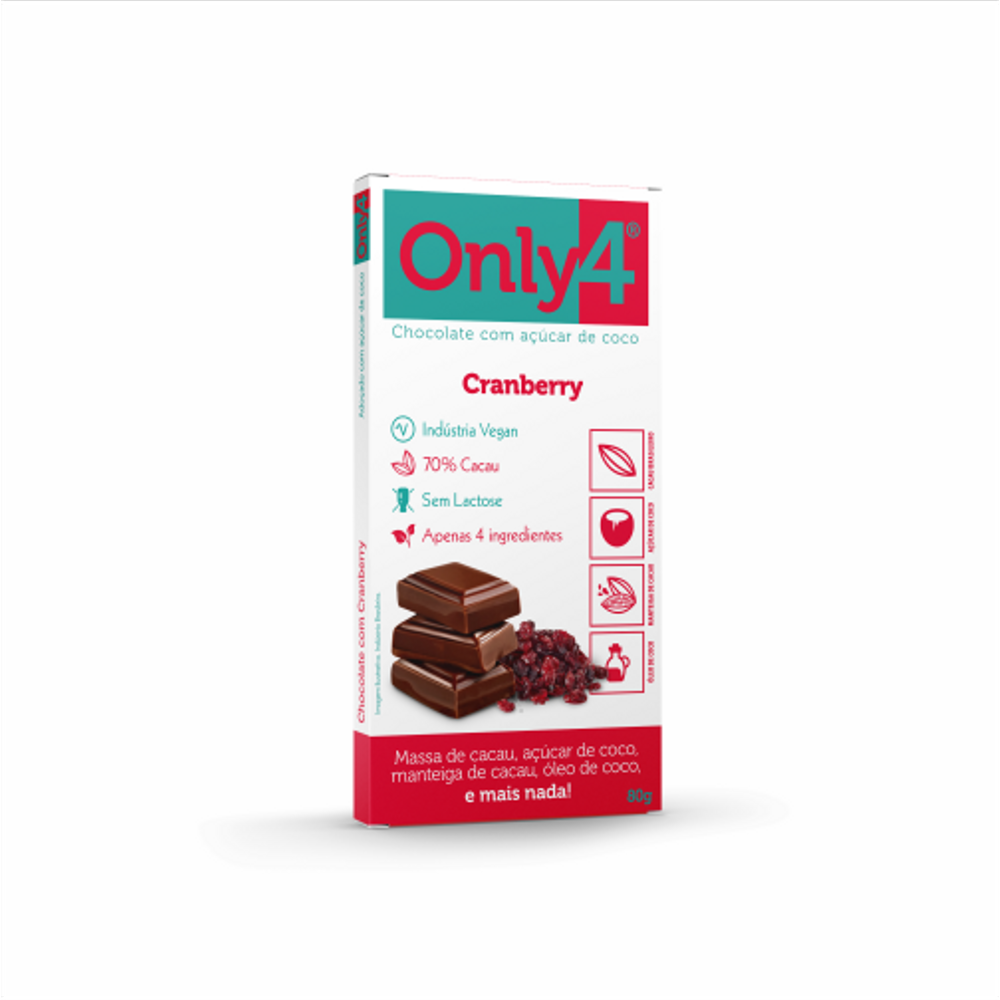 Chocolate 70% Cacau com Cranberry Sem Lactose Vegano Only4 80G