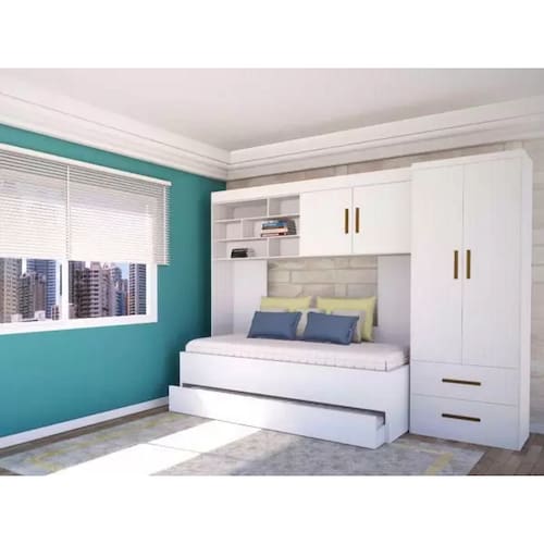 imagem-Quarto Modulado Juvenil Completo Com Cama de Solteiro e Cama Auxiliar - Phoenix Baby - Branco