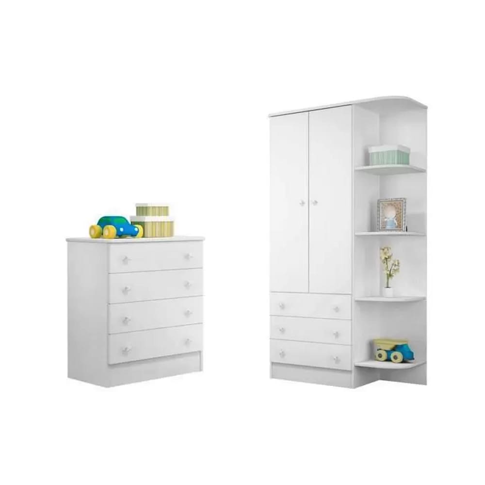 Quarto Para Bebê com Guarda Roupa e Cômoda Doce Sonho Branco - Qmovi