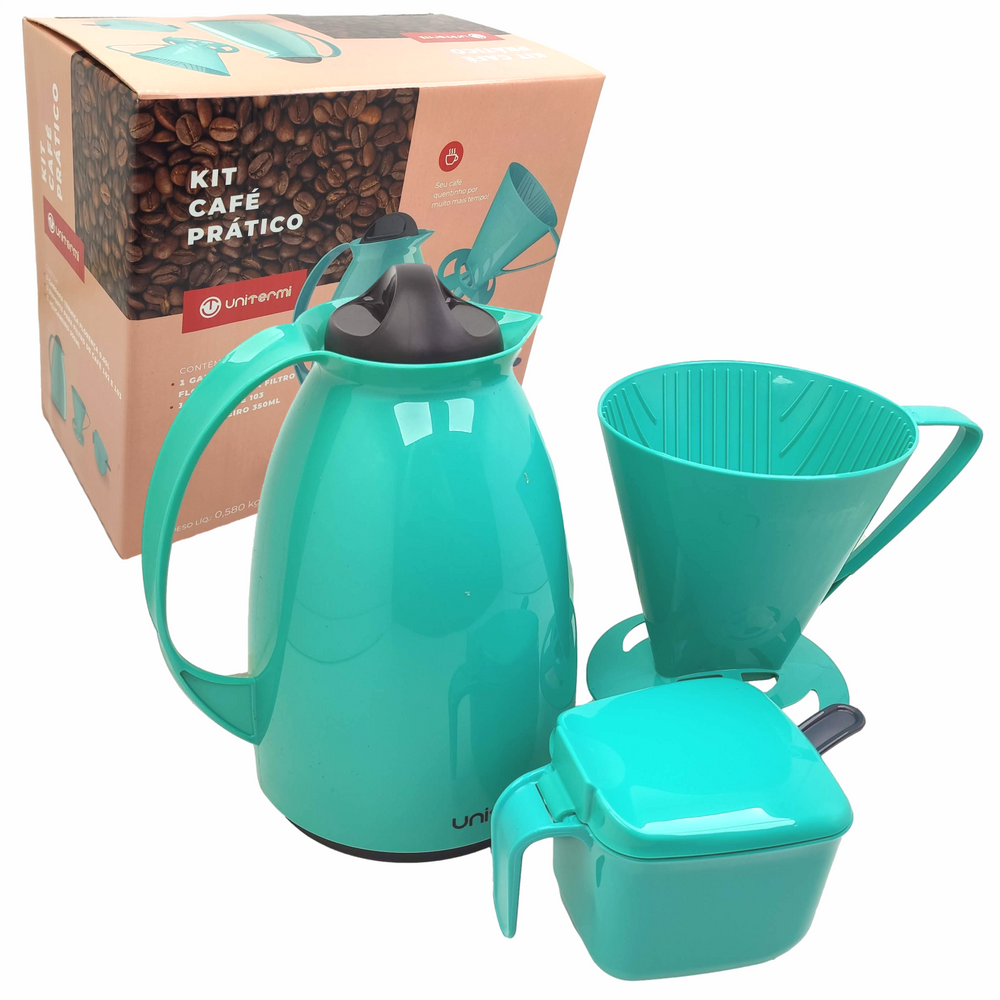 Kit Garrafa Térmica 650ml Suporte Filtro Açucareiro 350ml Conjunto Café Prático Verde