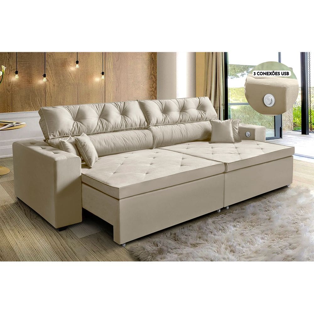 Sofá 3 Lugares Smart Retrátil, Reclinável 2,12m Tecnologia Carregamento 3 portas USB Bege
