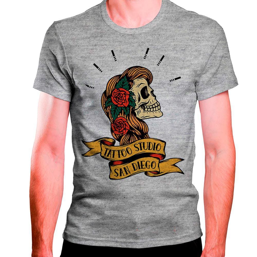 CAMISETA MASCULINA Caveira Feminina Tattoo Studio San Diego