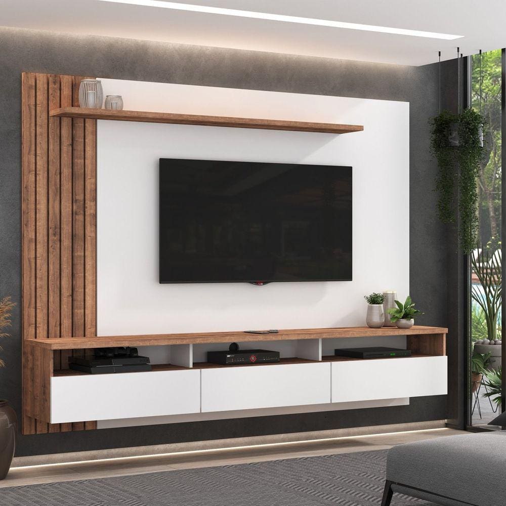 Painel para TV até 75 Polegadas 3 Gavetas Ripado Bp1067 Foscarini Solanum/Branco