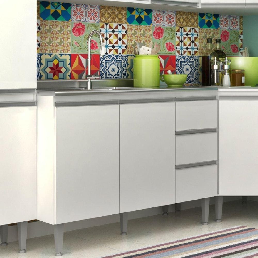Balcão para Pia de Cozinha 3 Gavetas 2 Portas Athena IRM Branco