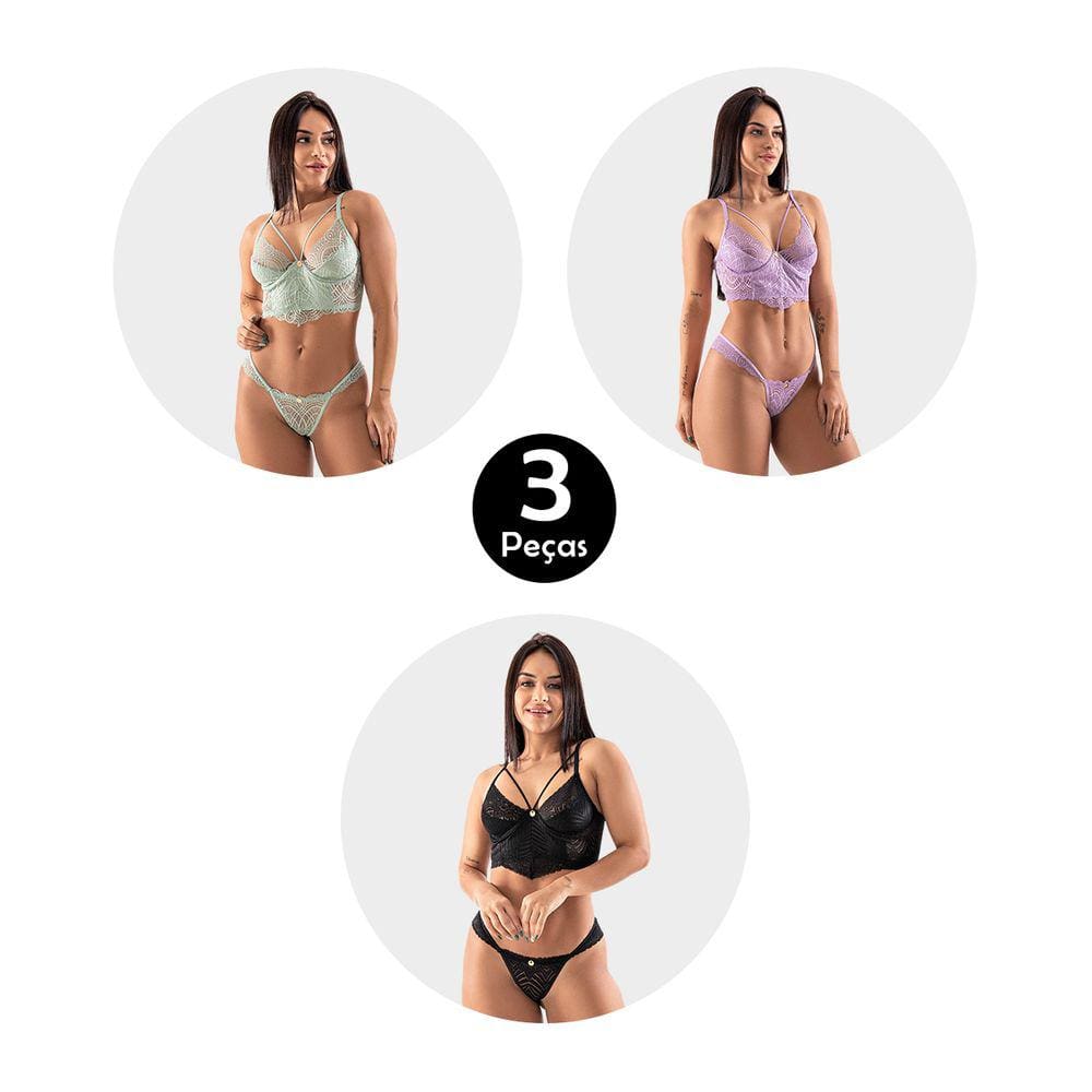 Kit 3 Conjunto IMI Lingerie Sutiã Sem Bojo Com Aro Cropped Calcinha Tanga Fio Duplo Renda Dany