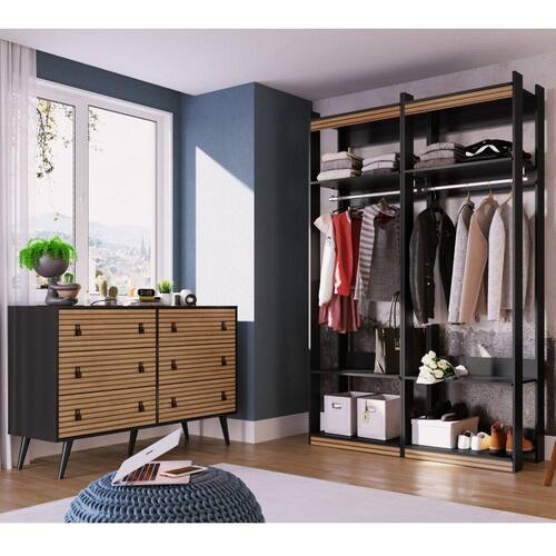 Guarda Roupa Aberto Closet 2 Cabideiros com Cômoda 6 Gavetas Wood Genialflex Preto/Brise