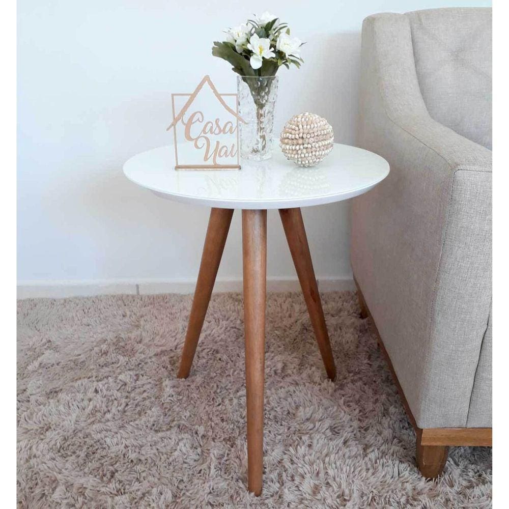 Mesa Lateral Tampo com Vidro 60x50cm Pés Palito Casa Uai Off White